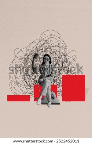 Vertical collage poster young cheerful businesswoman sit drawing doodles answer call telephone ring landline customer support listen