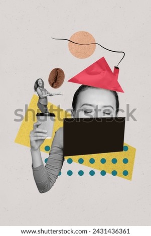 Vertical collage poster young woman head hidden mouth hold coffee cup caffeine bean drink house roof chimney hot beverage