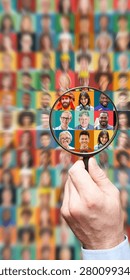 Vertical collage showing a hand using a magnifying glass to select the right person for the job from a group of workers across various industries—a recruitment concept
