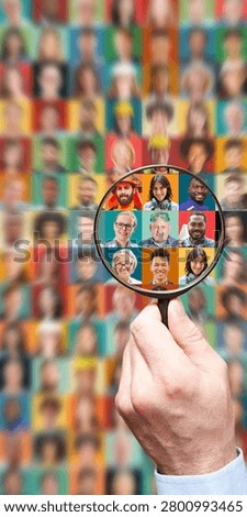 Vertical collage showing a hand using a magnifying glass to select the right person for the job from a group of workers across various industries—a recruitment concept