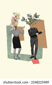 Vertical collage of two dancing black white effect people chilling flowers instead head isolated on painted background