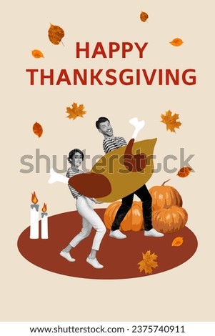 Vertical collage of two mini black white effect people arms hold huge heavy turkey happy thanksgiving candlelight flying leaves