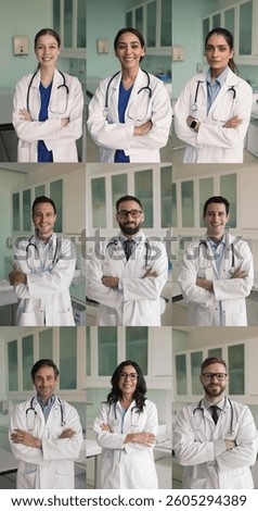Vertical collage view group of multinational doctors dressed in white coat posing with arms-crossed in clinic office, smile, look at camera. Professionalism, medicine, insurance, our mission, industry
