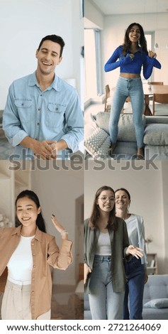 Vertical collage view of multiracial young people moving to favourite trendy music at home, recording dance to camera for social media platform, have fun, enjoy weekend leisure, active pastime indoor
