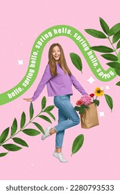 Vertical collage young cute girl dreamy walk street enjoy spring bloom everywhere carry paper bag flowers creative background