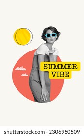 Vertical collage young flirty girl send air kiss pouty lips wear stylish sunglass summer vibe new resort isolated white background
