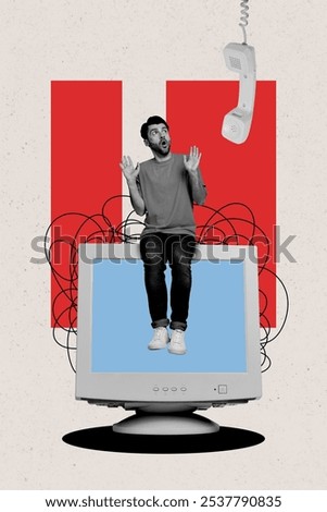 Vertical collage young man computer monitor telephone operator landline afraid shocked screen display telephonist helpline
