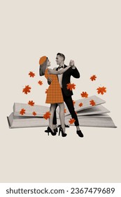 Vertical composite abstract creative photo collage of beautiful couple dancing under fallen leaves in autumn isolated drawing background - Shutterstock ID 2367479689