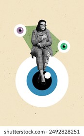 Vertical composite artwork collage image picture of mini girl hold tablet sit huge eyeball isolated on creative background