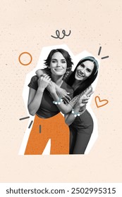 Vertical composite artwork collage image picture of two girls cuddle isolated on creative background