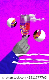 Vertical composite artwork collage image picture of arm hold champagne glass big eyes watch isolated on creative background