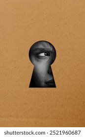 Vertical composite artwork collage image picture of woman eye look through keyhole isolated on creative background