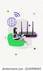 Vertical composite artwork collage image picture of girl use laptop big router wifi connection isolated on creative background