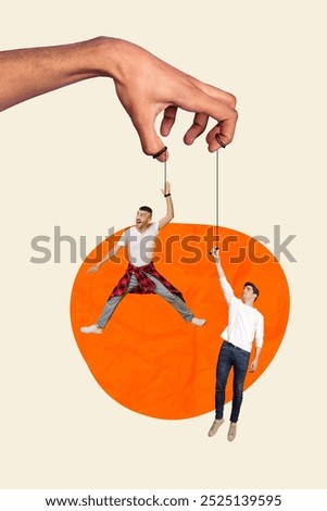 Vertical composite artwork collage image picture of arm hold strings mini guys isolated on creative background