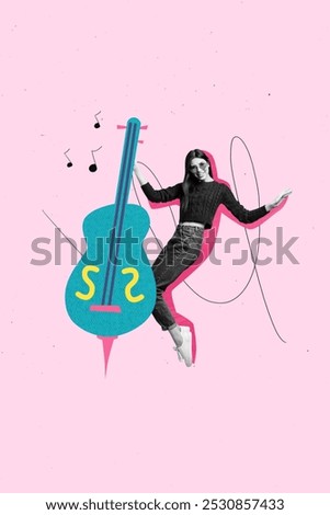 Vertical composite artwork collage image picture of mini girl huge violin music notes isolated on creative background