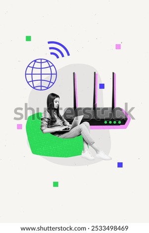 Vertical composite artwork collage image picture of girl use laptop big router wifi connection isolated on creative background