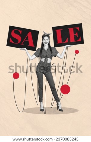 Vertical composite artwork photo collage of happy adorable woman demonstrating sale announcement isolated creative painted background