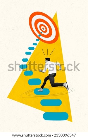 Vertical composite collage advertisement target ambition reach strategy climb stairs purpose achievement isolated on beige background