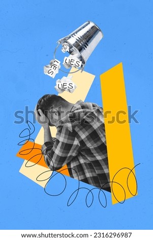 Vertical composite collage artwork concept everyone lies wrong information fakes metal bucket paper trash isolated on blue background