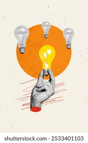Vertical composite collage artwork image picture of arm hold light bulb isolated on creative background