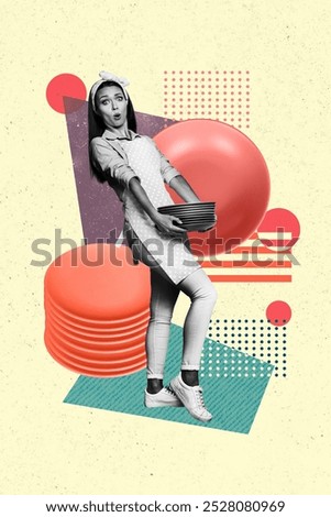 Vertical composite collage artwork image picture of impressed girl hold pile stack plates isolated on creative background