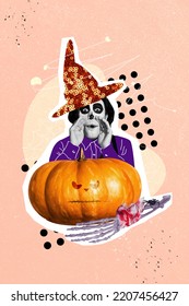 Vertical Composite Collage Image Of Horrifying Person Black White Gamma Whisper Talk Wear Sorcerer Hat Pumpkin Hand Skeleton