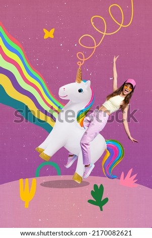 Vertical composite collage image of positive girl have fun good mood sitting ride toy unicorn drawing rainbow Stock photo © 