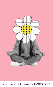 Vertical composite collage meditating person black white filter crossed legs flower instead head isolated pink color background