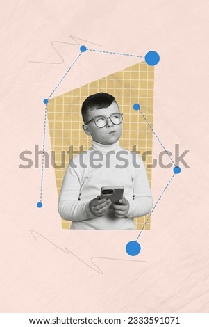 Vertical composite collage of minded smart schoolboy pensive holding smartphone decide answer studying remote isolated on beige background