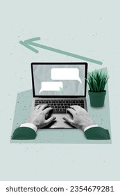Vertical composite collage of netbook user business job text cursor click messenger laptop display email forum isolated on grey background