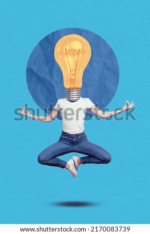 Vertical composite collage picture of person meditate fly big light bulb instead head isolated on drawing blue background