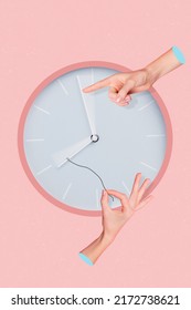 Vertical Composite Collage Picture Of Two Human Arms Adjust Set Clock Time Backwards Isolated On Creative Background