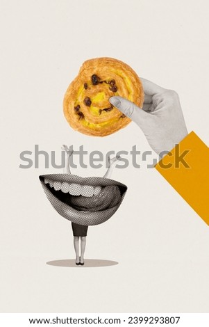 Vertical composite creative collage of absurd hungry person lick teeth delicious yummy cookie with raisins isolated on white background
