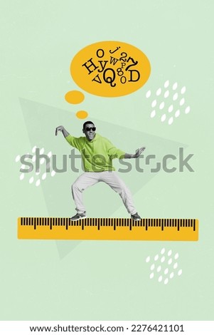Vertical composite creative collage photo of youngster crazy cool guy sliding meter ruler minded education time isolated on gray background