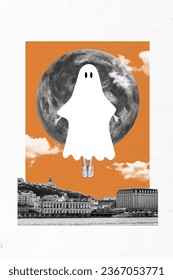Vertical composite creative photo collage human wear ghost costume levitating in halloween night isolated drawing background