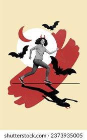 Vertical composite creative photo collage of cunning tricky woman wear devil horns run celebrate halloween isolated on painted background