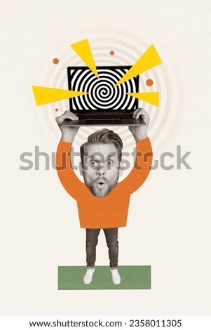 Vertical composite creative photo collage of impressed funny guy hold laptop over head hypnotise you isolated white color background