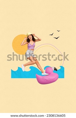 Vertical composite design collage of young relaxation girl wear sun hat beach seaside waves meet sunrise isolated on beige background
