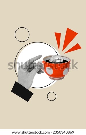 Vertical composite photo artwork collage of arm hold cup with shining disco ball swim in coffee isolated on creative drawing background