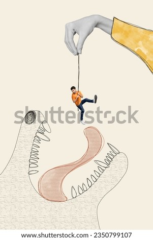 Vertical composite photo collage of dangerous wolf mouth want to eat scared man holding on rope isolated on creative drawing background