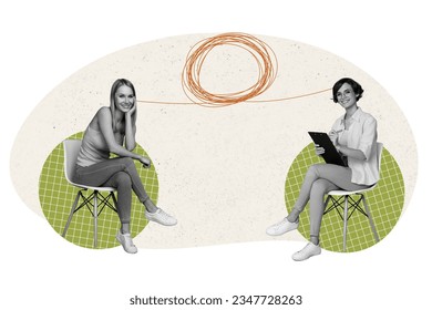 Vertical composite photo collage of woman girl sitting on consultation with psychotherapist isolated on creative drawing background