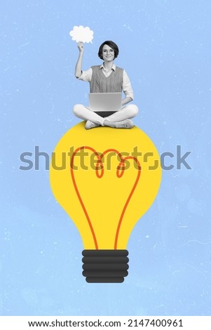 Vertical composite picture of girl use wireless netbook sit big light bulb illustration isolated on blue background