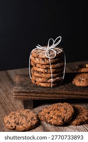Vertical composition featuring stack of chocolate chip cookies tied with white string, placed on dark wooden riser. More cookies are scattered on the wooden table surface. Dusted with icing sugar against black background.