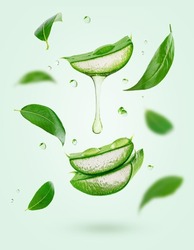 Vertical Composition Of Flying Tea Leaves And Aloe Vera On Green Background. High Quality Photo