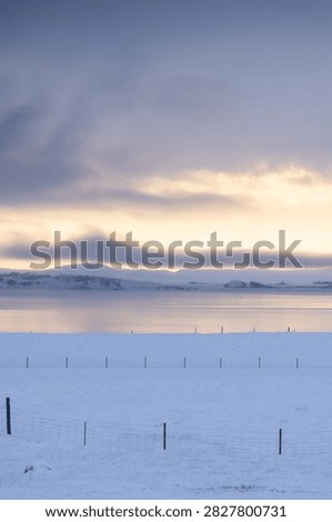 A vertical composition of a serene winter scene during sunset. A rustic wire fence stands in a deep snow field, with a frozen lake and snow-covered hills in the distance under a colorful golden sky.