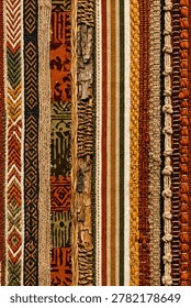 Vertical composition of various ethnic textile patterns, woven ropes, and natural tree bark textures in warm earthy tones.