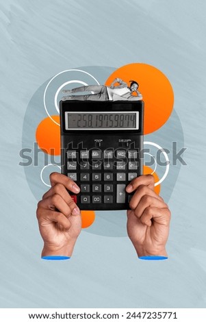 Vertical creative abstract collage young poor businessman wasting money calculator irresponsibility waste lazy worker calculations