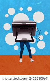 Vertical creative abstract composite collage photo of legs with copier instead of body in at office isolated on drawing background