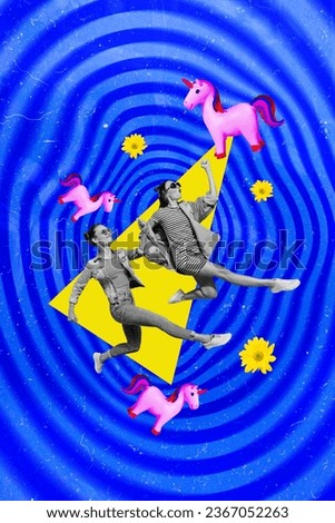 Vertical creative abstract composite photo collage of impressed positive girls run in another dimension isolated on colorful background