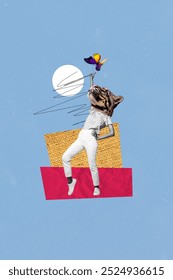 Vertical creative art collage of anonym girl instead head tiger mask spring walk leisure dance event isolated on painting background